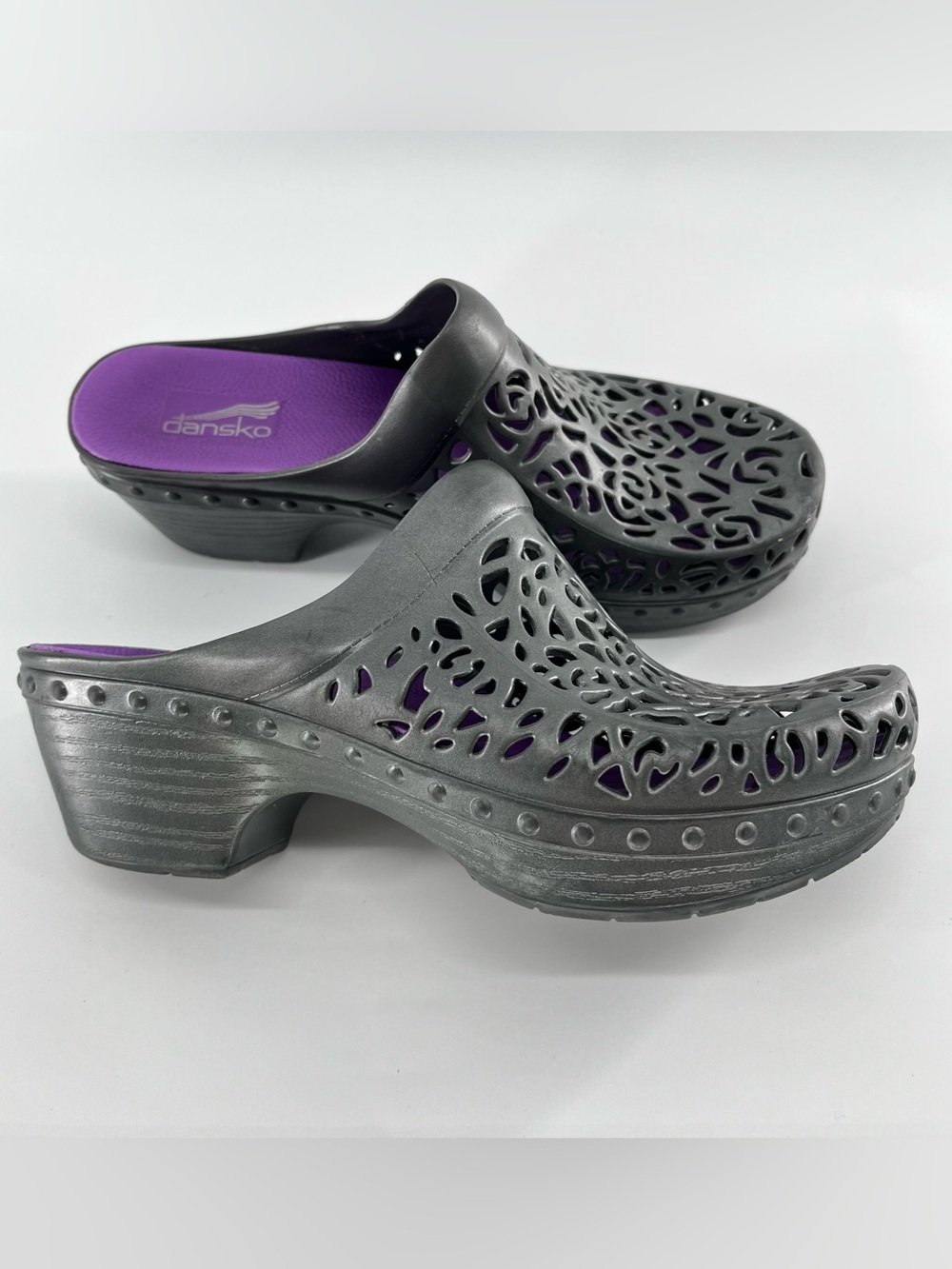 Dansko Pippa Molded Clogs Black Gray Floral Laser Cut Out Mules Size 38 US 7.5-8